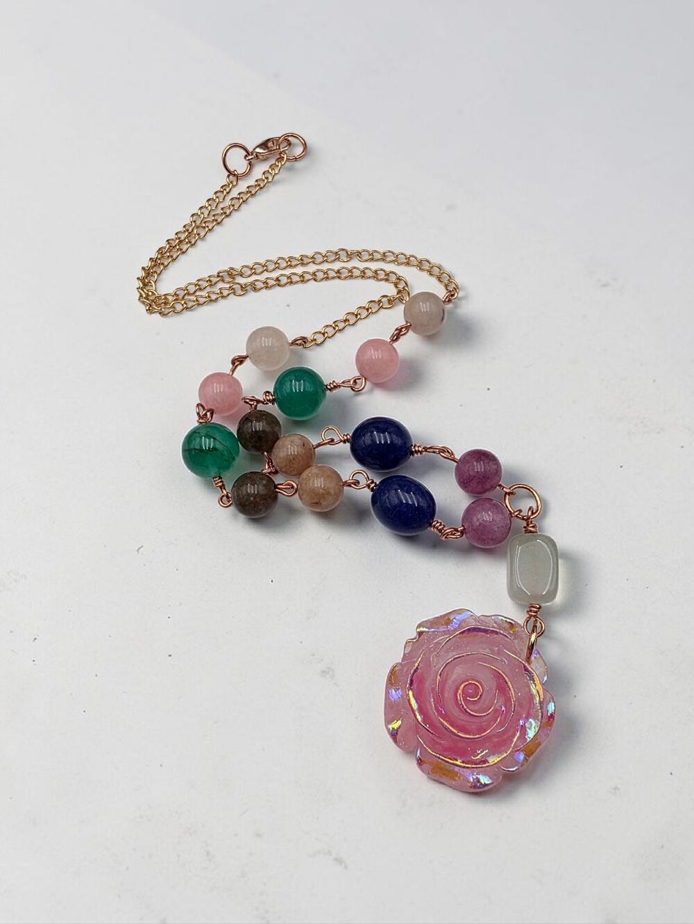 Handmade Rose Pendant Beaded Necklace - Multicolor